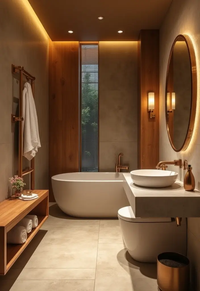 25 Japandi Bathroom Ideas Blending Minimalism and Warmth 19 25 Japandi Bathroom Ideas Blending Minimalism and Warmth - 19. Warm Metallic Touches