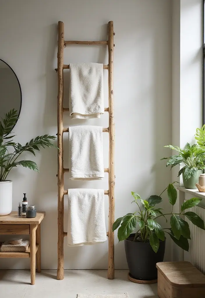 30+ Bathroom Towel Hanging Ideas That Are Smart and Stylish 1 30+ Bathroom Towel Hanging Ideas That Are Smart and Stylish - 1. Natural Wood Ladder