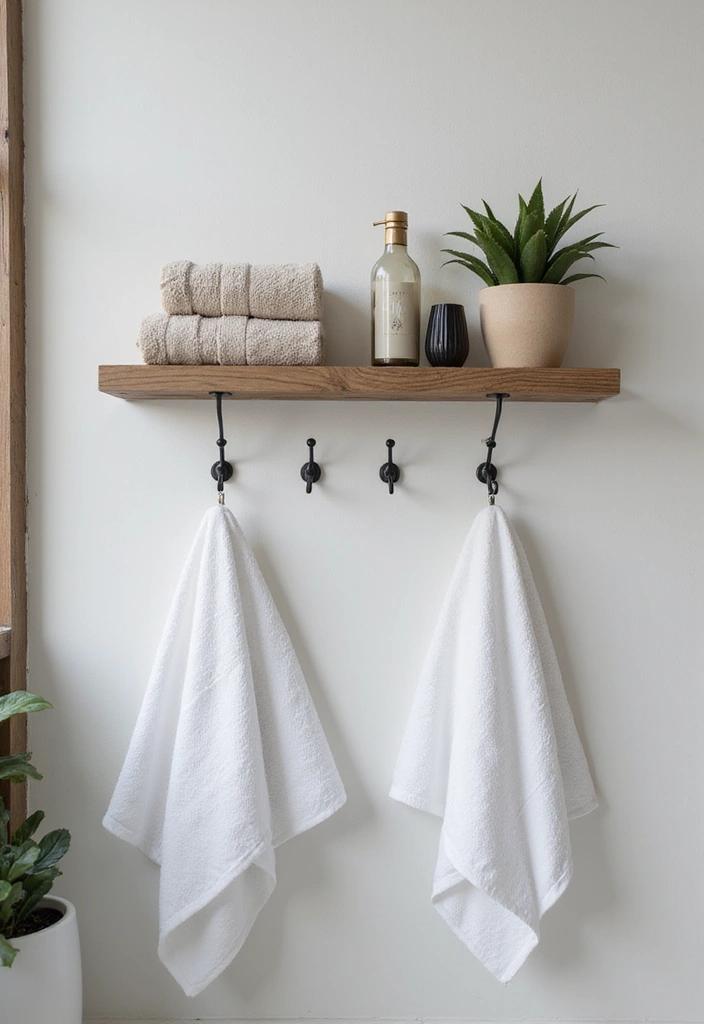 30+ Bathroom Towel Hanging Ideas That Are Smart and Stylish 10 30+ Bathroom Towel Hanging Ideas That Are Smart and Stylish - 10. Floating Shelves with Towel Hooks