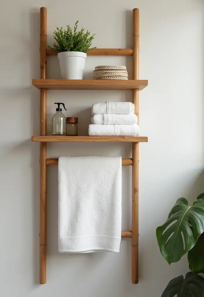 30+ Bathroom Towel Hanging Ideas That Are Smart and Stylish 14 30+ Bathroom Towel Hanging Ideas That Are Smart and Stylish - 14. Bamboo Wall Shelf with Towel Rack