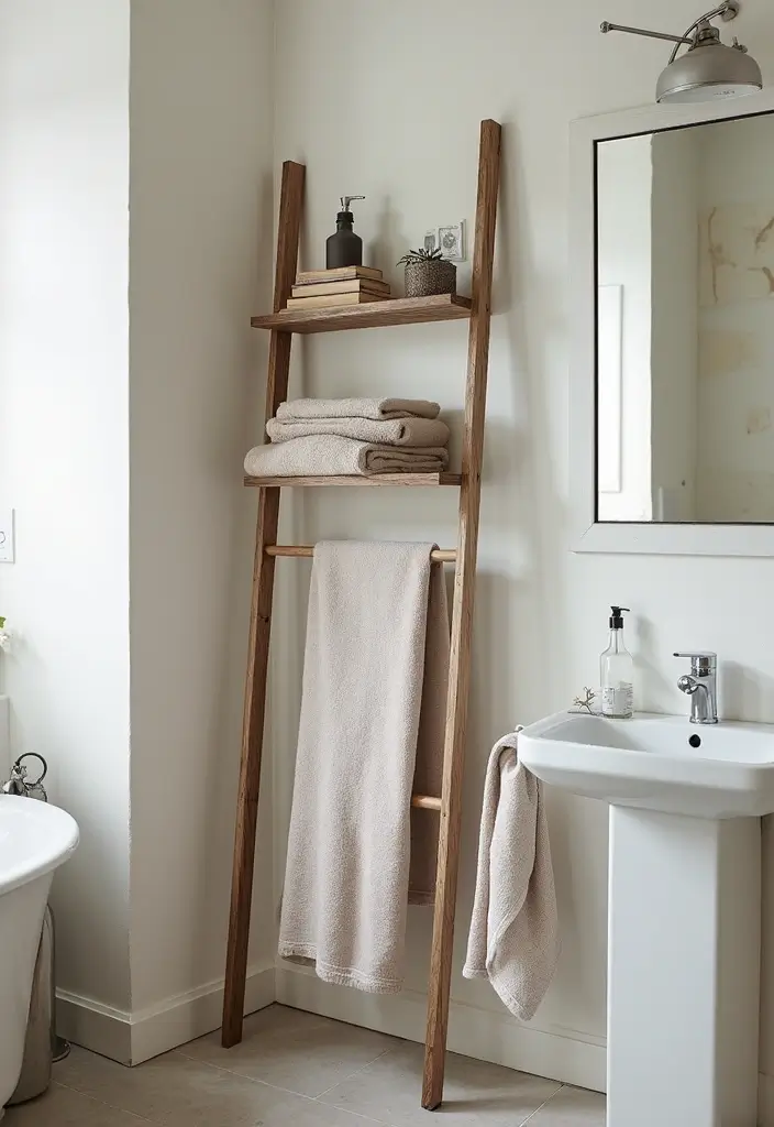 30+ Bathroom Towel Hanging Ideas That Are Smart and Stylish 15 30+ Bathroom Towel Hanging Ideas That Are Smart and Stylish - 15. Wall-Mounted Ladder Shelf with Towel Hooks