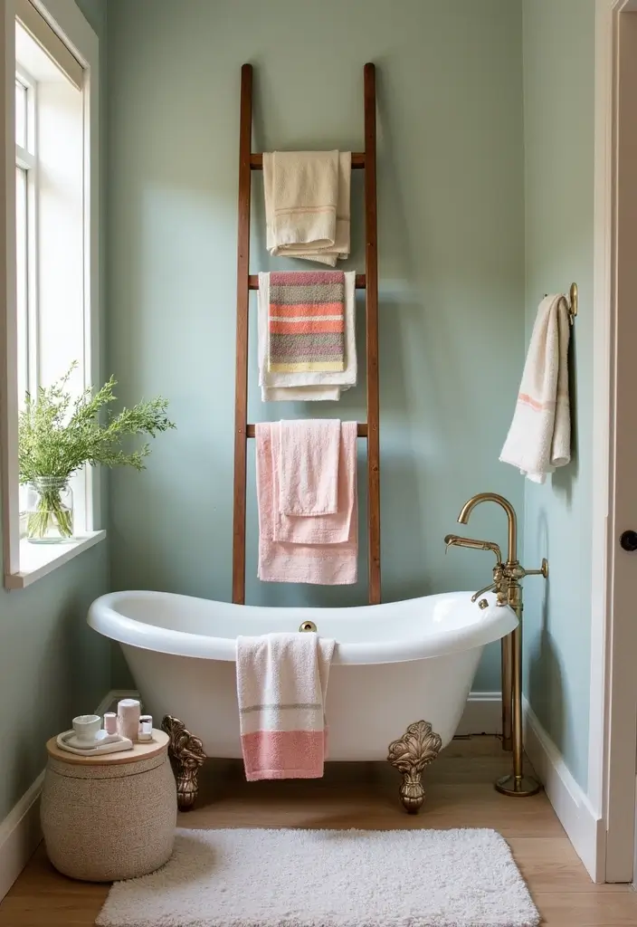 30+ Bathroom Towel Hanging Ideas That Are Smart and Stylish 21 30+ Bathroom Towel Hanging Ideas That Are Smart and Stylish - 21. Decorative Ladder Back with Towels