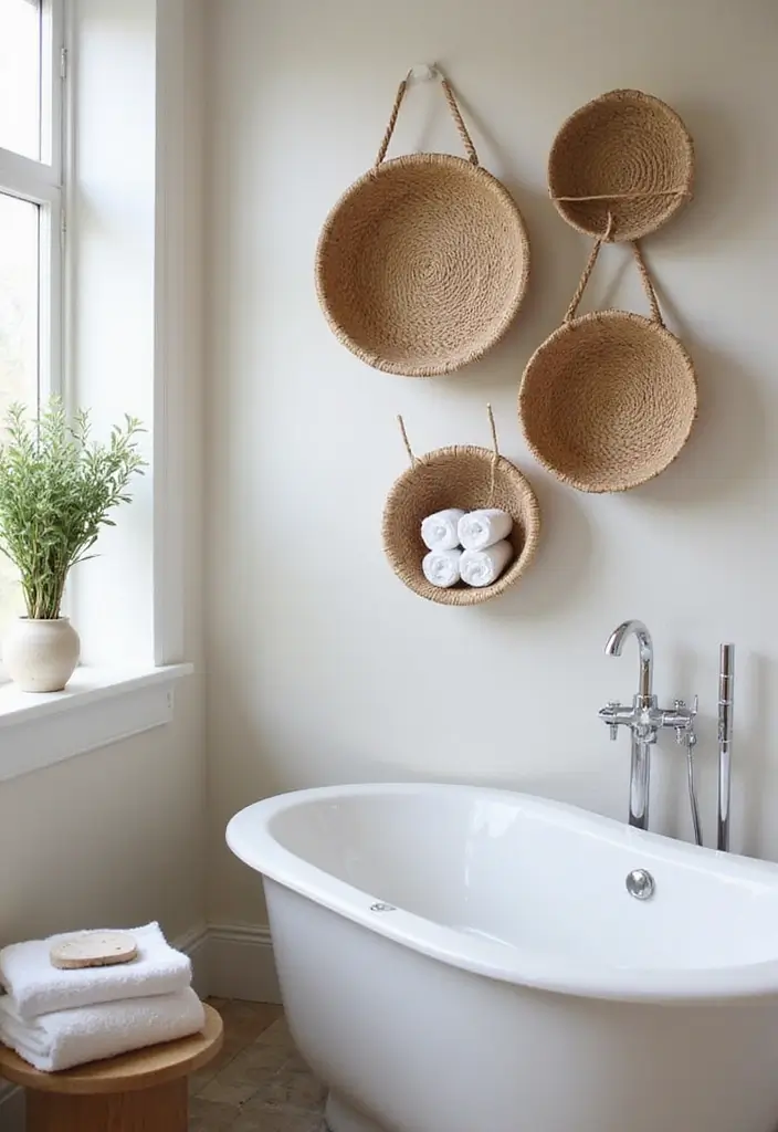 30+ Bathroom Towel Hanging Ideas That Are Smart and Stylish 22 30+ Bathroom Towel Hanging Ideas That Are Smart and Stylish - 22. Natural Fiber Wall Baskets
