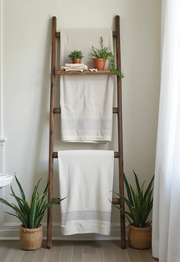 30+ Bathroom Towel Hanging Ideas That Are Smart and Stylish 4 30+ Bathroom Towel Hanging Ideas That Are Smart and Stylish - 4. Vintage Ladder Shelf