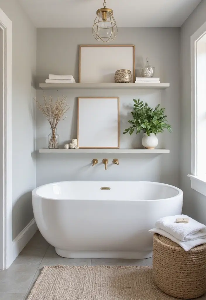30+ Grey and White Bathroom Ideas That Always Look Elegant 10 30+ Grey and White Bathroom Ideas That Always Look Elegant - 10. Floating Shelves for Decor