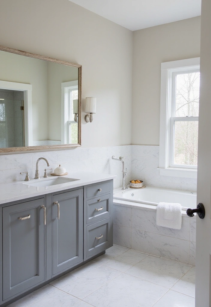30+ Grey and White Bathroom Ideas That Always Look Elegant 19 30+ Grey and White Bathroom Ideas That Always Look Elegant - 19. White Countertops and Grey Cabinets