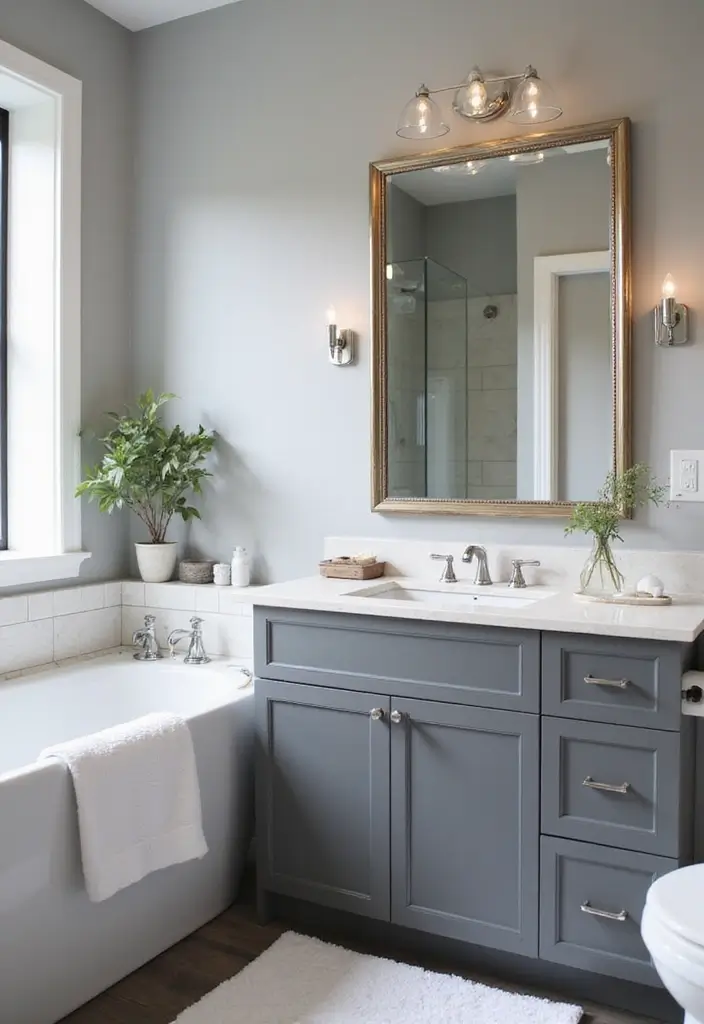 30+ Grey and White Bathroom Ideas That Always Look Elegant 27 30+ Grey and White Bathroom Ideas That Always Look Elegant - 27. Statement Mirrors
