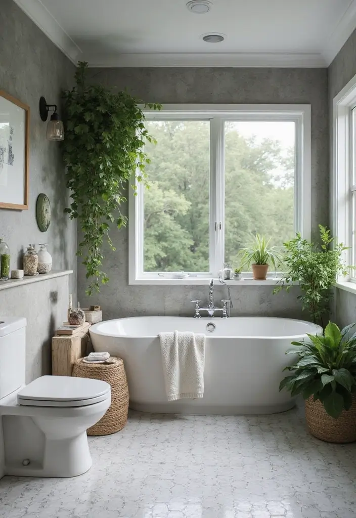 30+ Grey and White Bathroom Ideas That Always Look Elegant 30 30+ Grey and White Bathroom Ideas That Always Look Elegant - 30. Greenery for Freshness