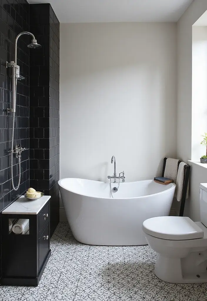 30+ Small Bathrooms with Bathtub Ideas That Fit Perfectly 11 30+ Small Bathrooms with Bathtub Ideas That Fit Perfectly - 11. Elegant Black and White Theme