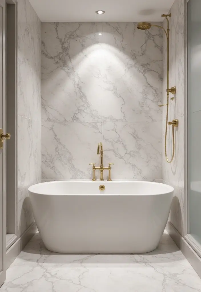 30+ Small Bathrooms with Bathtub Ideas That Fit Perfectly 13 30+ Small Bathrooms with Bathtub Ideas That Fit Perfectly - 13. Luxurious Marble Accents