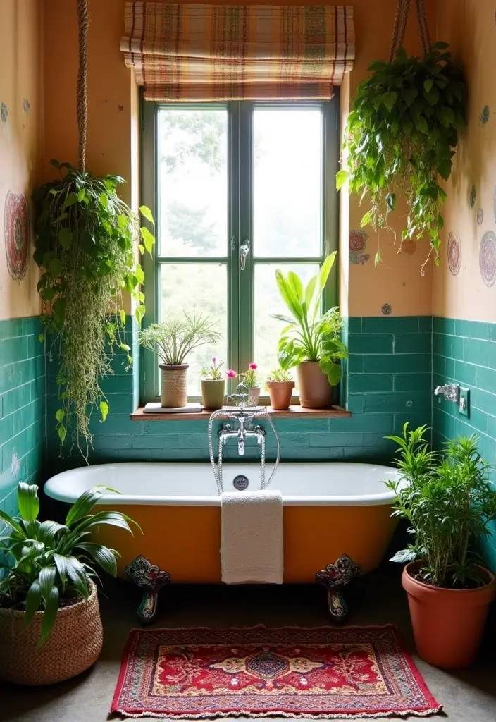 30+ Small Bathrooms with Bathtub Ideas That Fit Perfectly 17 30+ Small Bathrooms with Bathtub Ideas That Fit Perfectly - 17. Bohemian Touches with a Bathtub