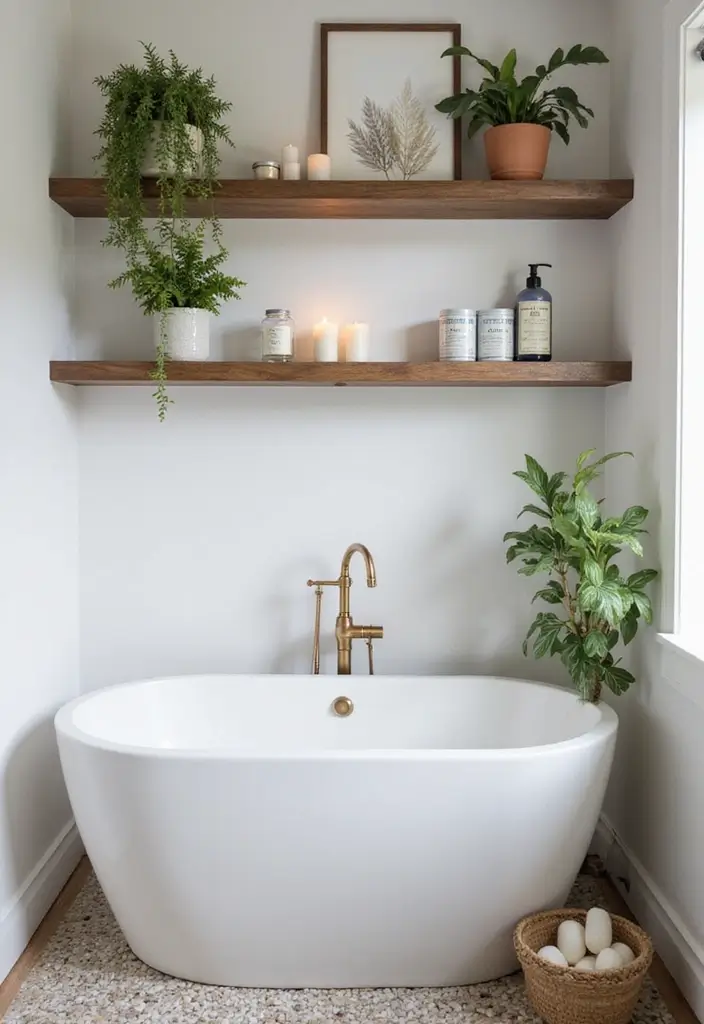 30+ Small Bathrooms with Bathtub Ideas That Fit Perfectly 18 30+ Small Bathrooms with Bathtub Ideas That Fit Perfectly - 18. Floating Shelves Above the Bathtub