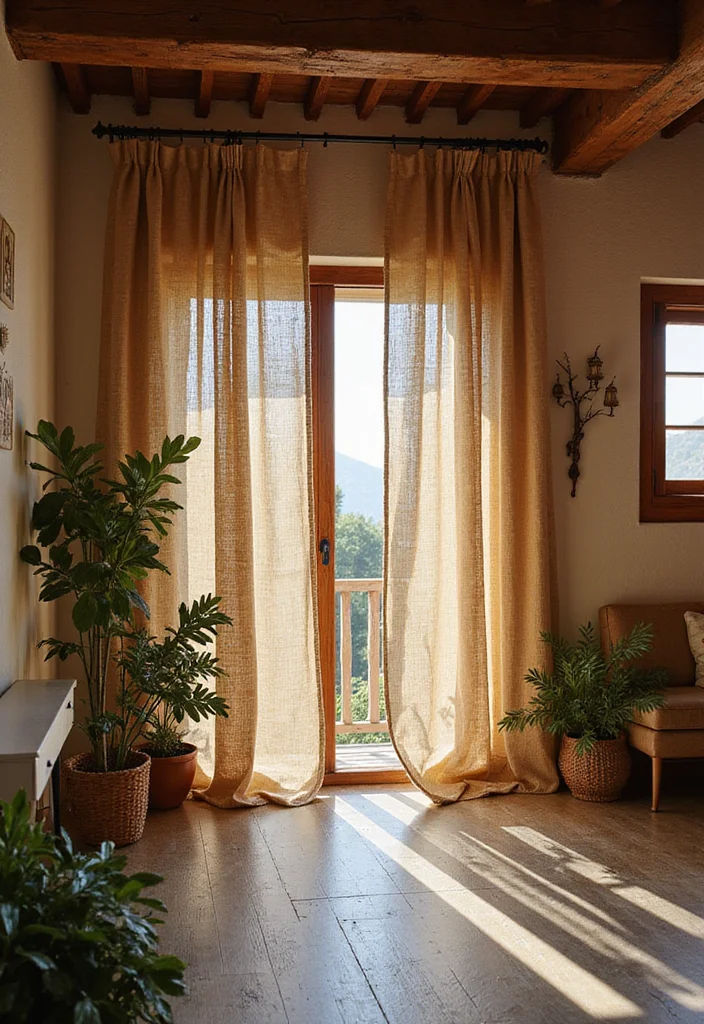 10 Loft Curtain Ideas for Flexible Stylish Space Division 7. Rustic Touch Burlap and Natural Fabrics